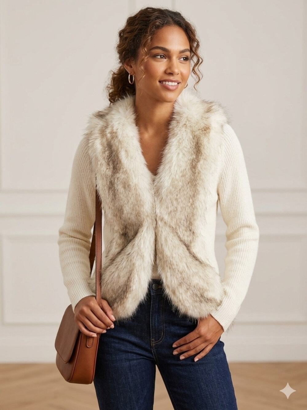 Laseine Faux Fur Trim Cardigan Sweater Off-White Ivory Hook Eye Outerwear Small